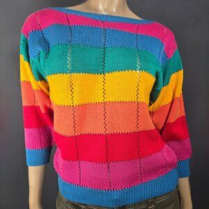 Vintage 80s Gitano Rainbow Striped Sweater Size M Colorful Multicolor Jumper